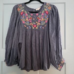 Solitaire Boho Embroidered Floral Peasant Top Medium Cottagecore